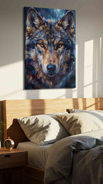 Lunar Gaze of the Wild wolf canvas print, displayed in a bedroom