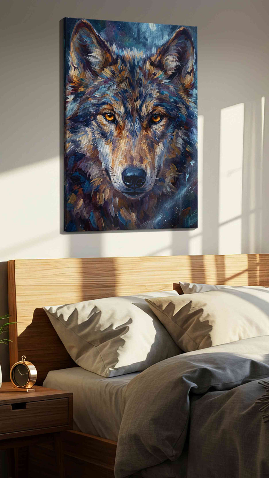Lunar Gaze of the Wild wolf canvas print, displayed in a bedroom