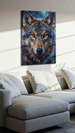 Lunar Gaze of the Wild wolf canvas print, displayed in a living room