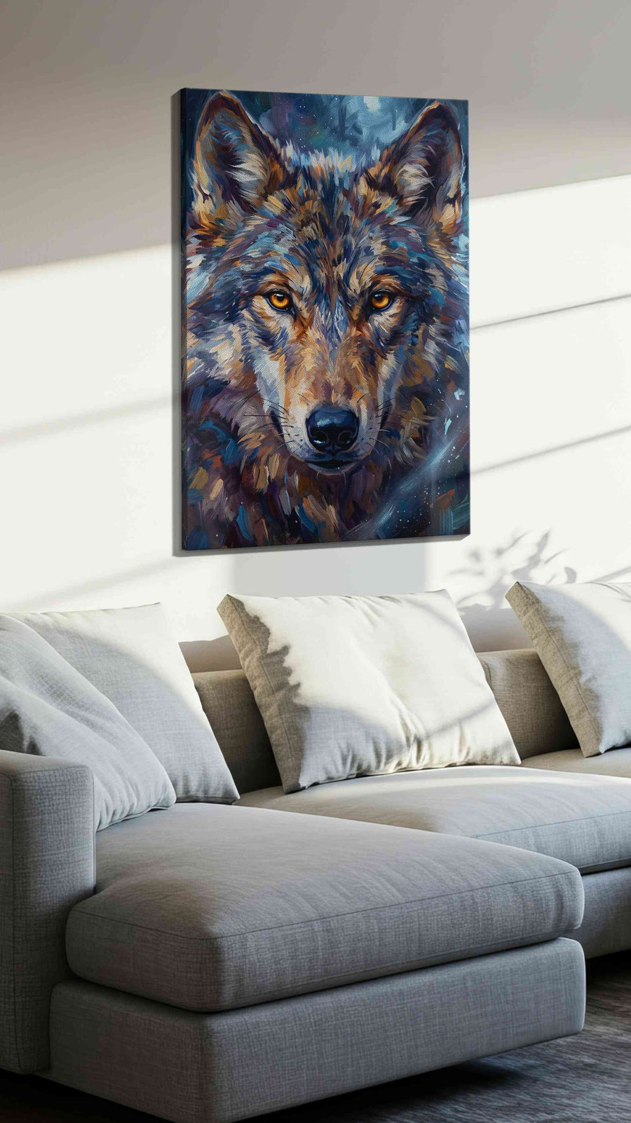 Lunar Gaze of the Wild wolf canvas print, displayed in a living room