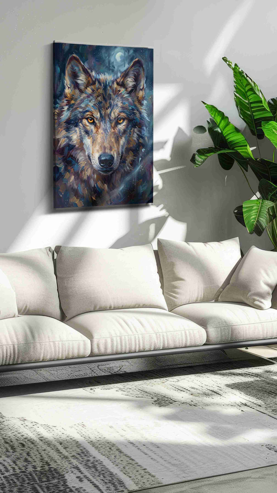 Lunar Gaze of the Wild wolf canvas print, on wall, lifestyle preview