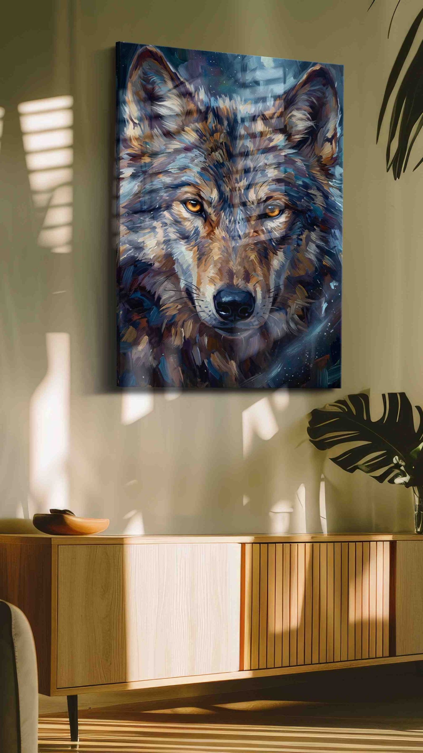 Lunar Gaze of the Wild (Wolf) - Wolf Wall Art, Wildlife Canvas Print, Nature Predator Art in a contemporary interior mockup