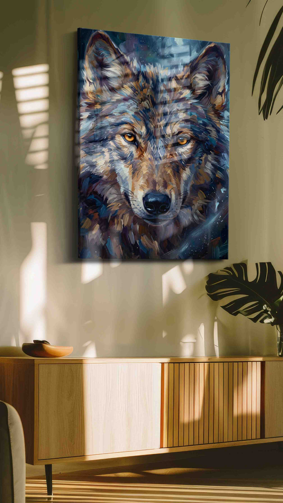Lunar Gaze of the Wild (Wolf) - Wolf Wall Art, Wildlife Canvas Print, Nature Predator Art in a contemporary interior mockup