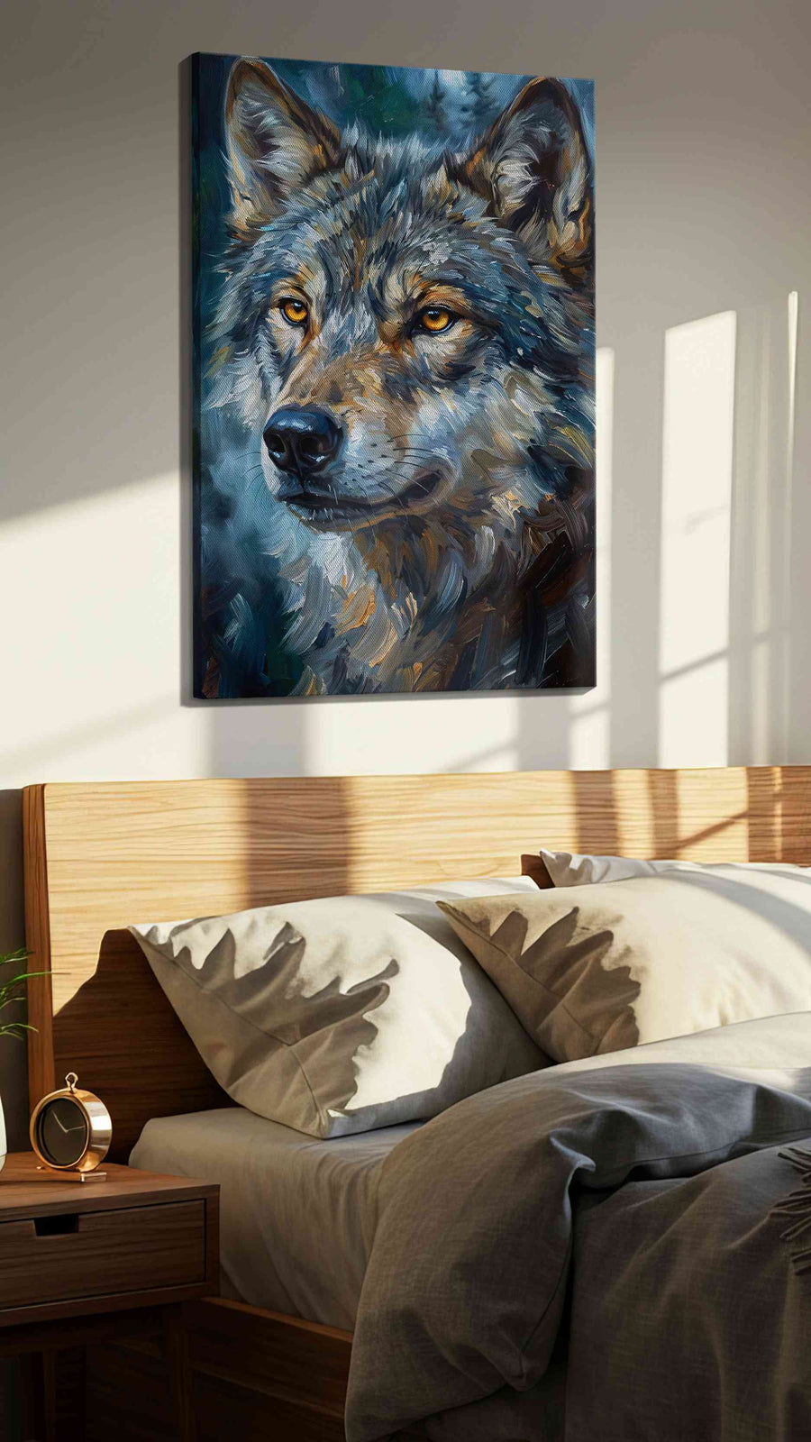 Lunar Gaze of the Wild II (Wolf) - Wolf Wall Art, Wildlife Canvas Print, Nature Predator Art in a bedroom scene