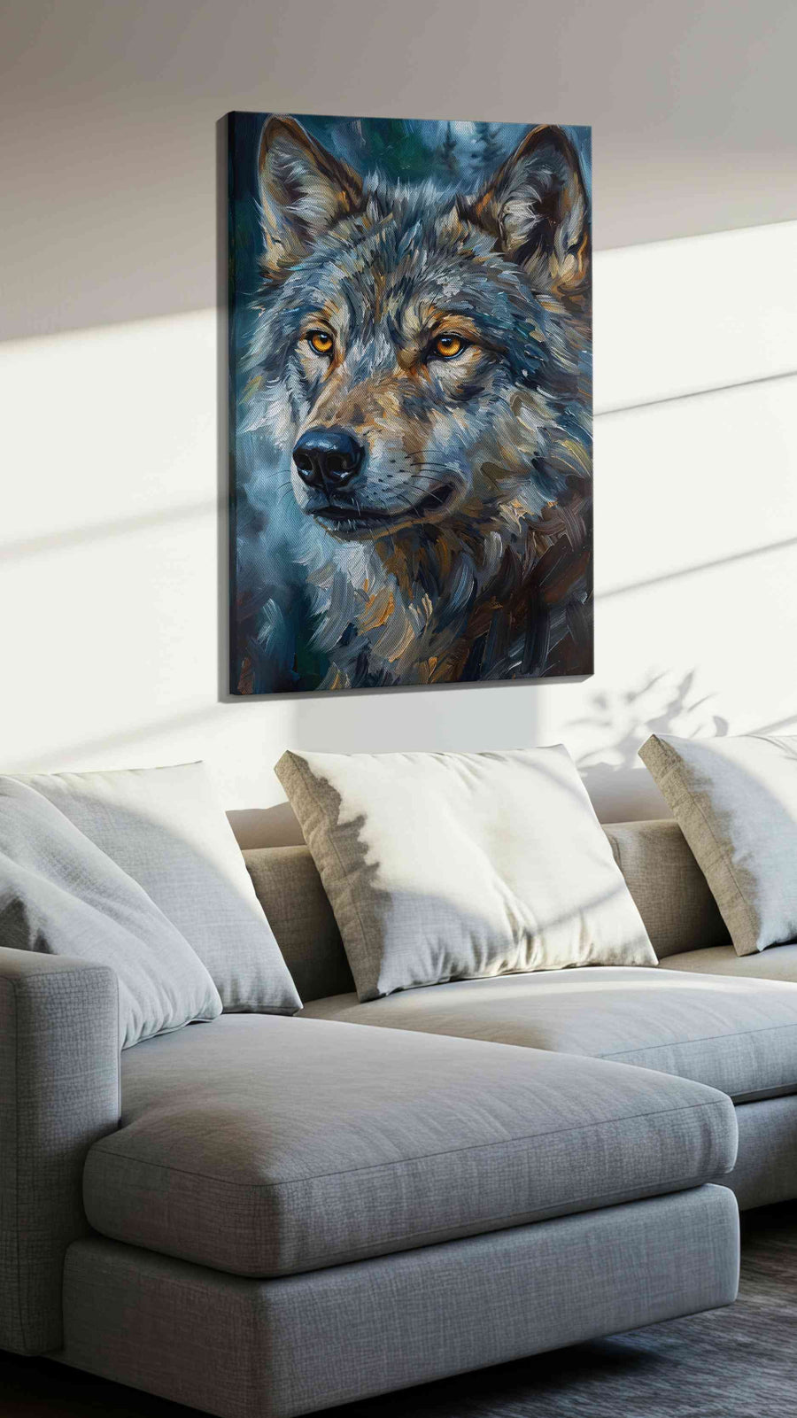 Lunar Gaze of the Wild II wolf canvas print, displayed in a living room