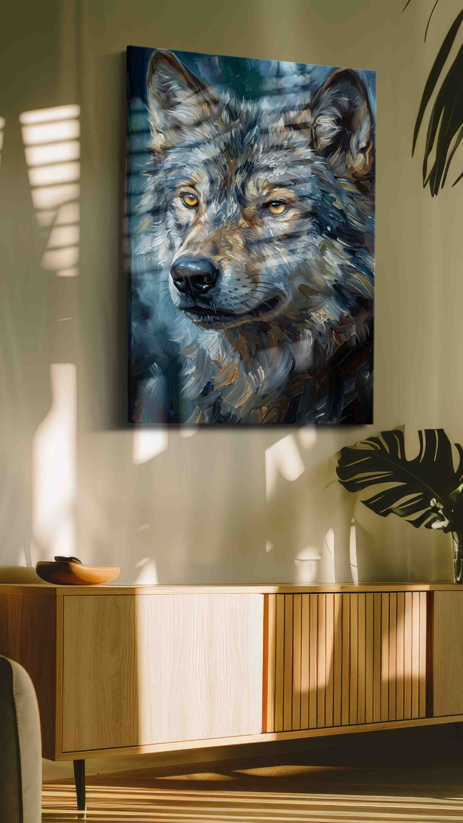 Lunar Gaze of the Wild II wolf canvas print in a hung canvas mockup