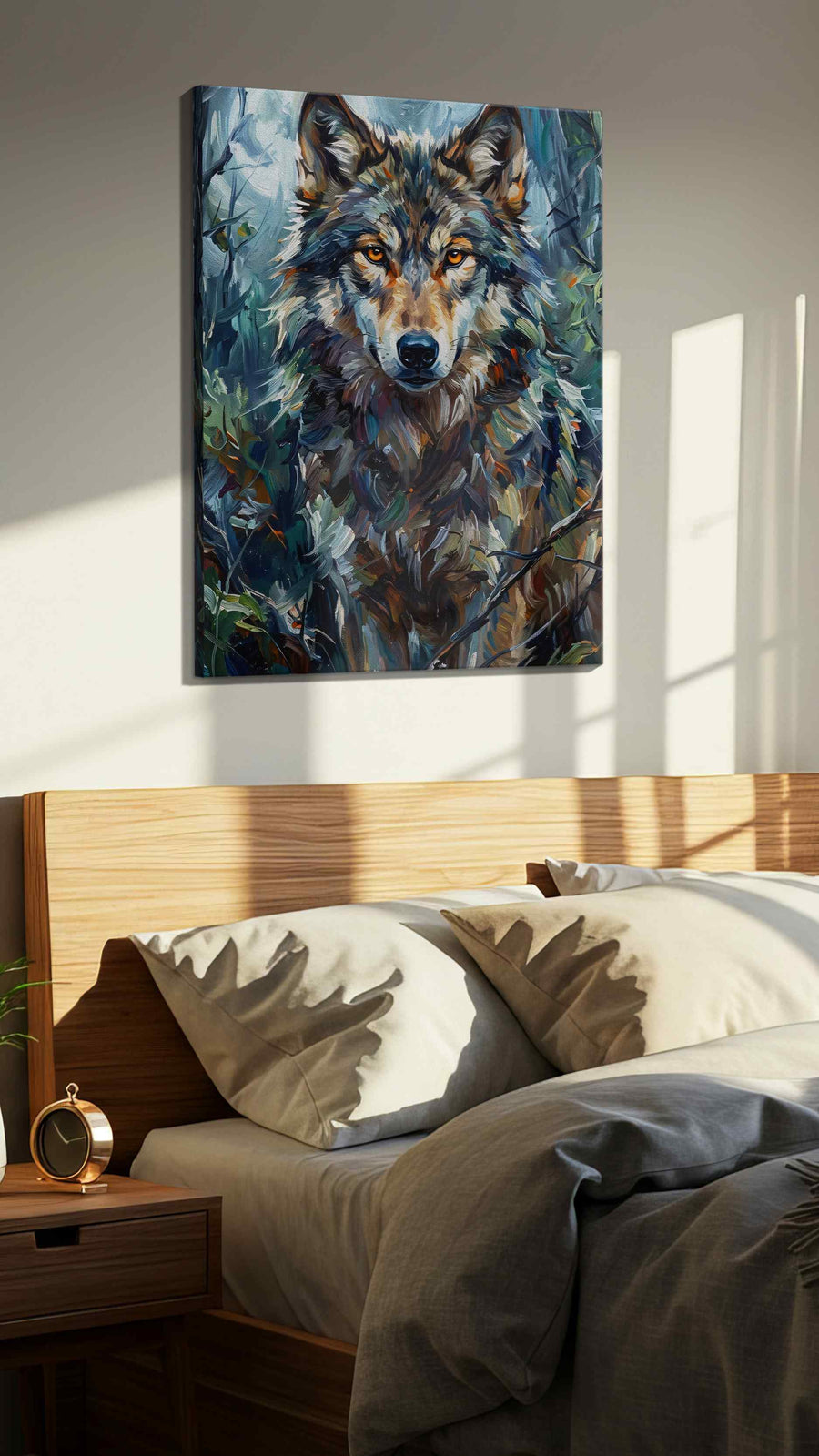Lunar Guardian wolf canvas print, displayed in a bedroom
