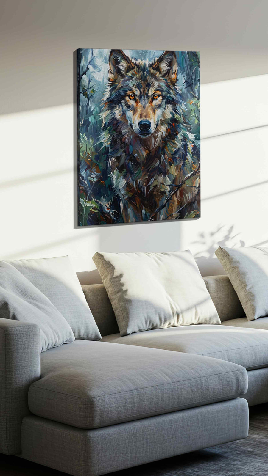 Lunar Guardian (Wolf) - Wolf Wall Art, Wildlife Canvas Print, Nature Predator Art in a living room scene