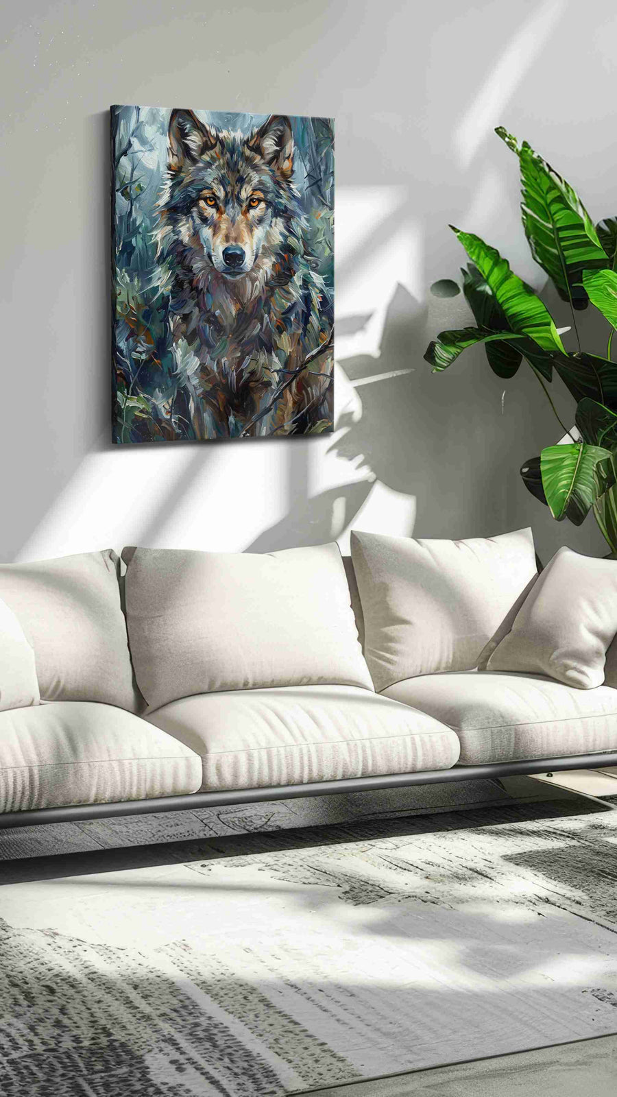 Lunar Guardian wolf canvas print, on wall, lifestyle preview