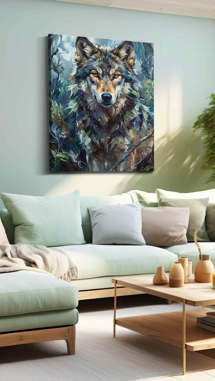 Lunar Guardian wolf canvas print, hanging on wall