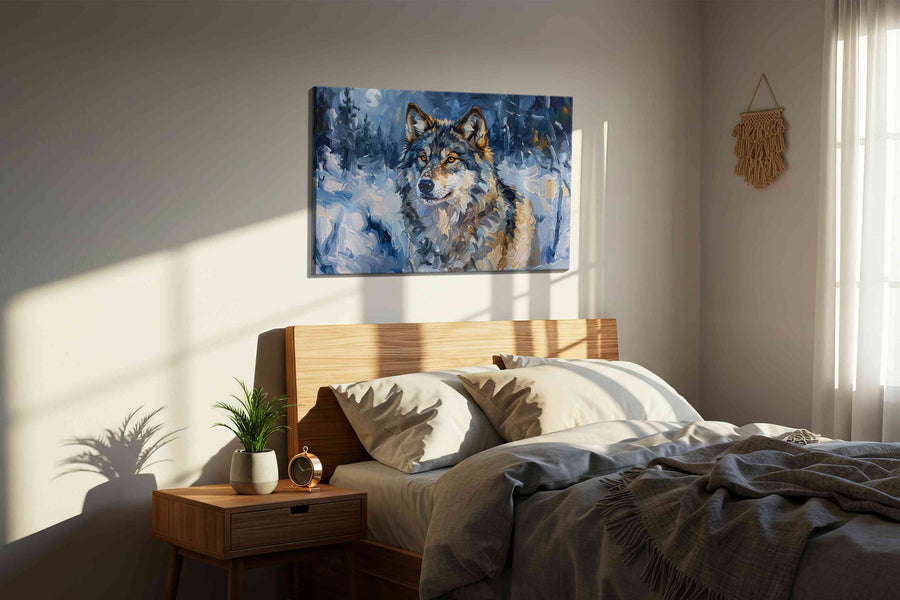 Lunar Guardian Silent Vigil wolf canvas print, displayed in a bedroom