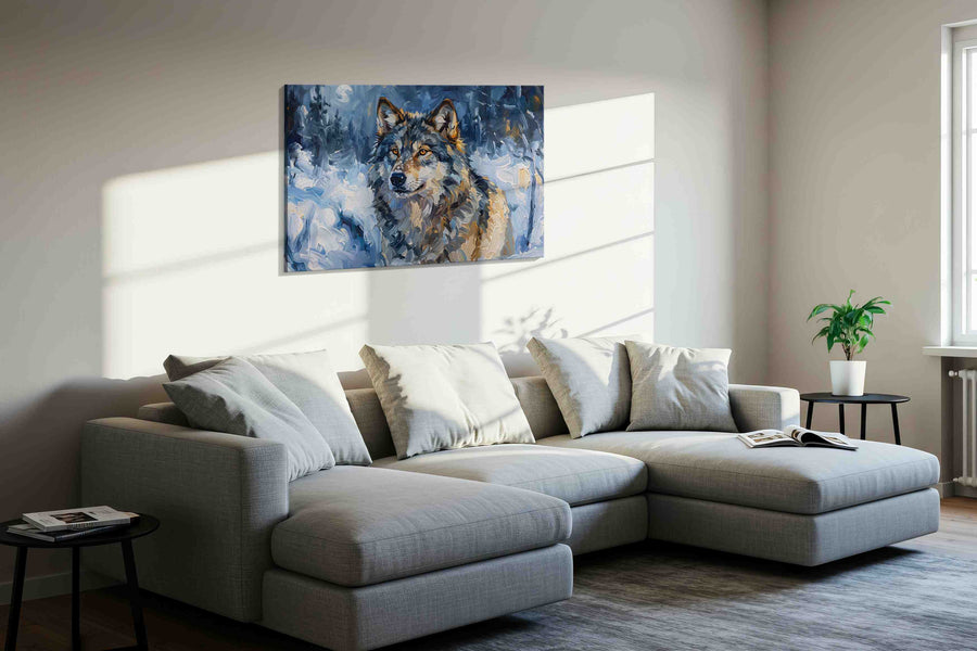 Lunar Guardian Silent Vigil wolf canvas print, displayed in a living room