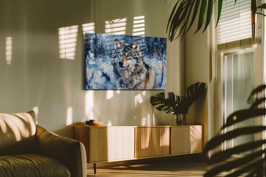 Lunar Guardian Silent Vigil (Wolf) - Wolf Wall Art, Wildlife Canvas Print, Nature Predator Art in a hung canvas mockup