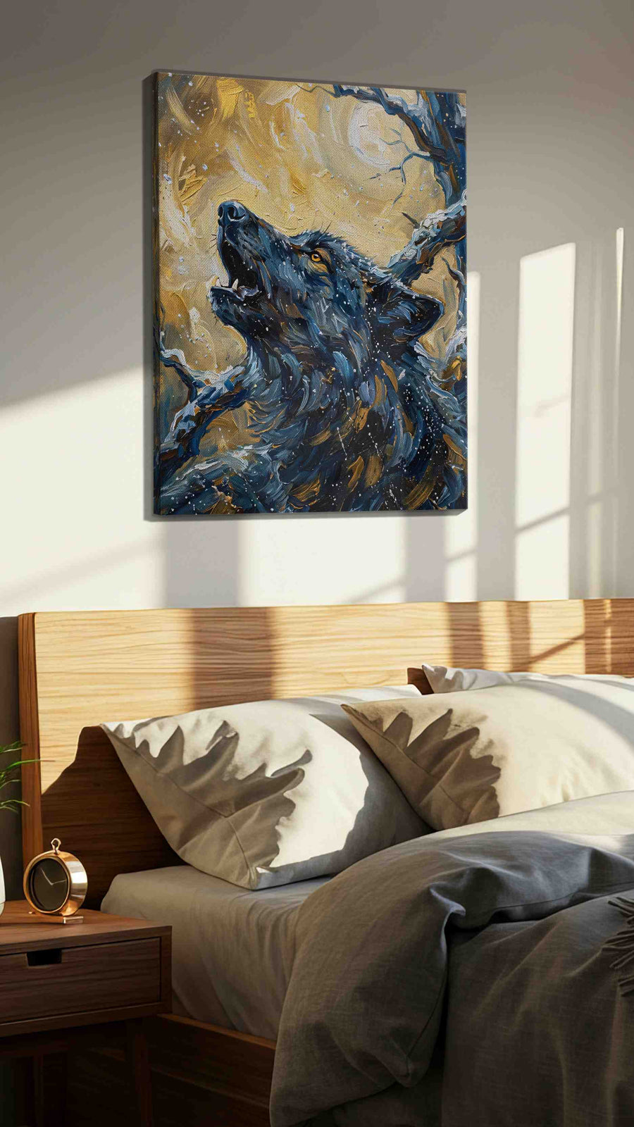 Lunar Howl Symphony wolf canvas print, displayed in a bedroom