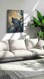 Lunar Howl Symphony wolf canvas print, on wall, lifestyle preview