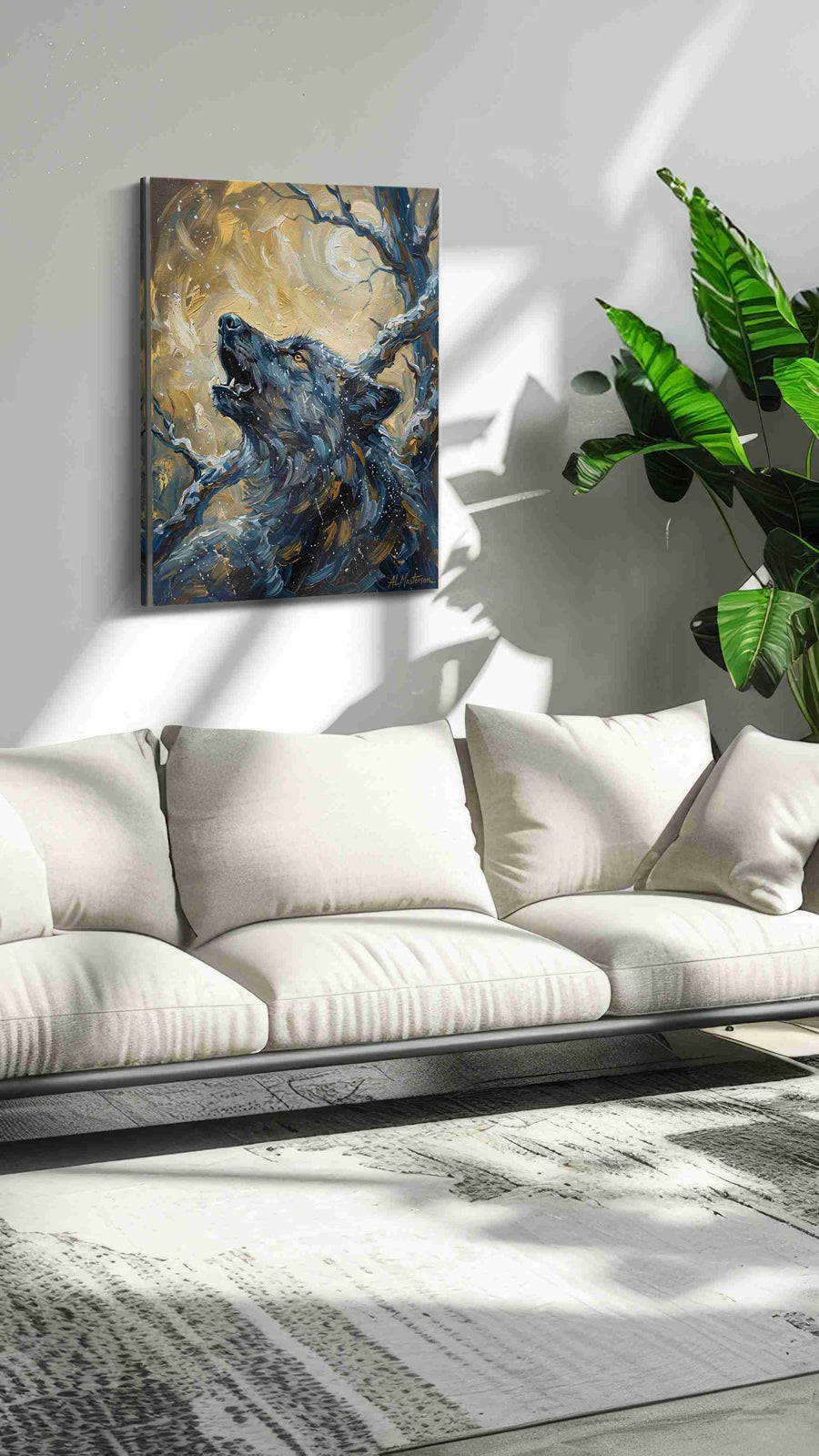 Lunar Howl Symphony wolf canvas print, on wall, lifestyle preview