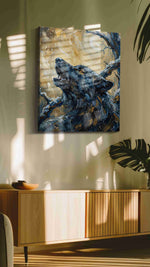Lunar Howl Symphony wolf canvas print in a contemporary interior mockup