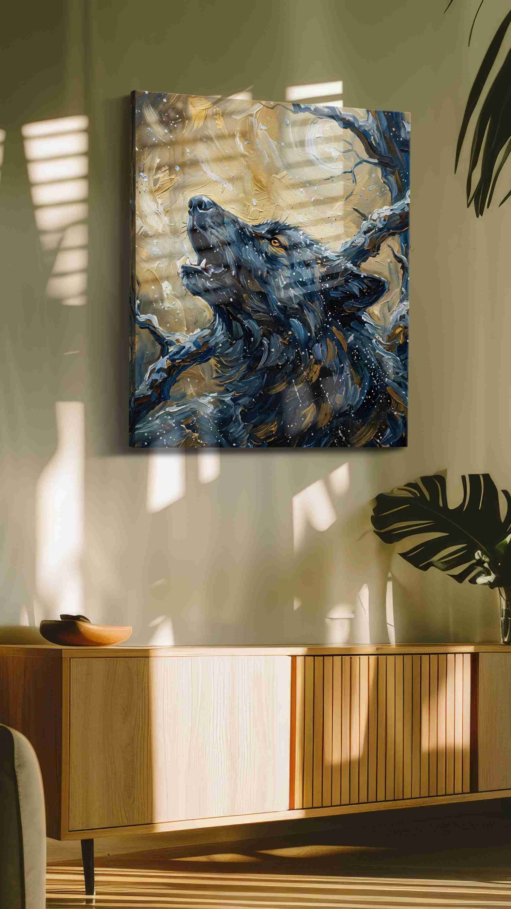 Lunar Howl Symphony wolf canvas print in a contemporary interior mockup