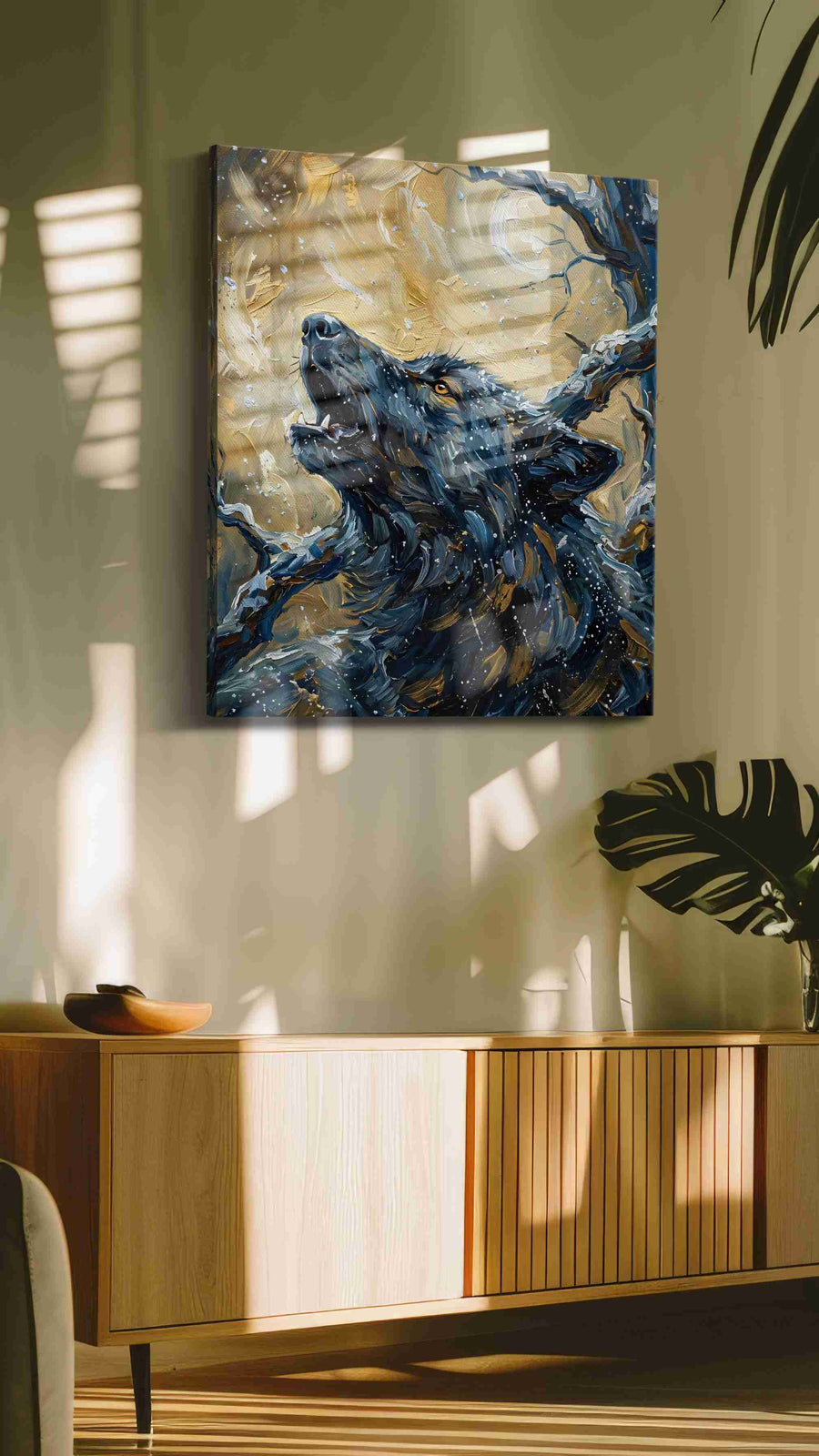 Lunar Howl Symphony wolf canvas print in a contemporary interior mockup