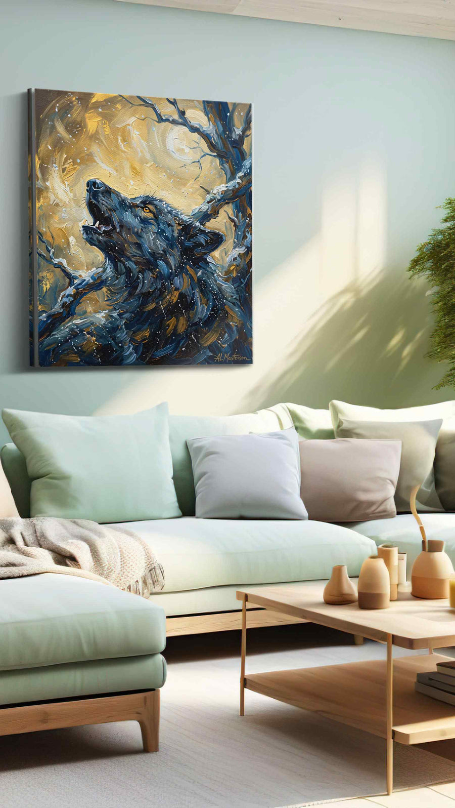 Lunar Howl Symphony wolf canvas print, hanging on wall