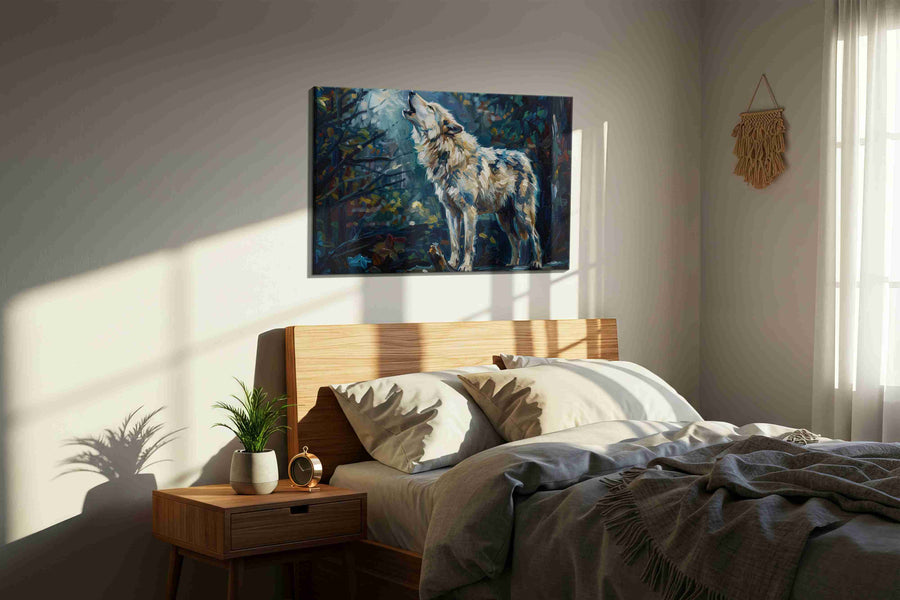 Lunar Serenade of the Wild wolf canvas print, displayed in a bedroom