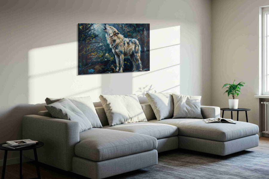 Lunar Serenade of the Wild wolf canvas print, displayed in a living room