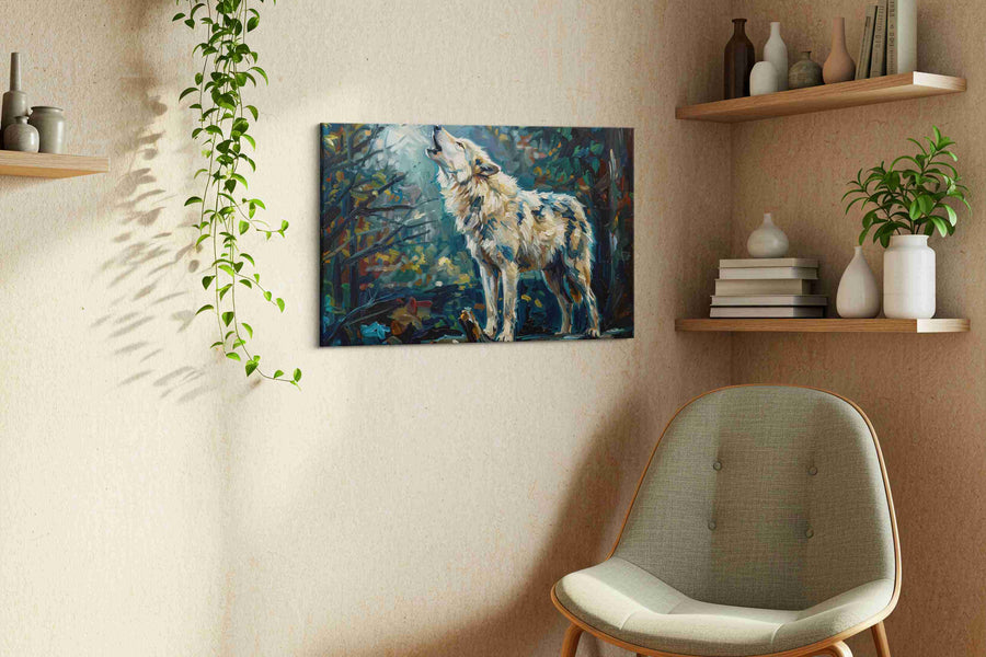 Lunar Serenade of the Wild wolf canvas print styled in a living room