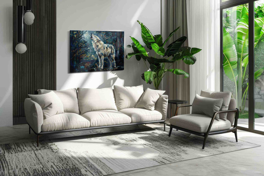 Lunar Serenade of the Wild wolf canvas print, on wall, lifestyle preview