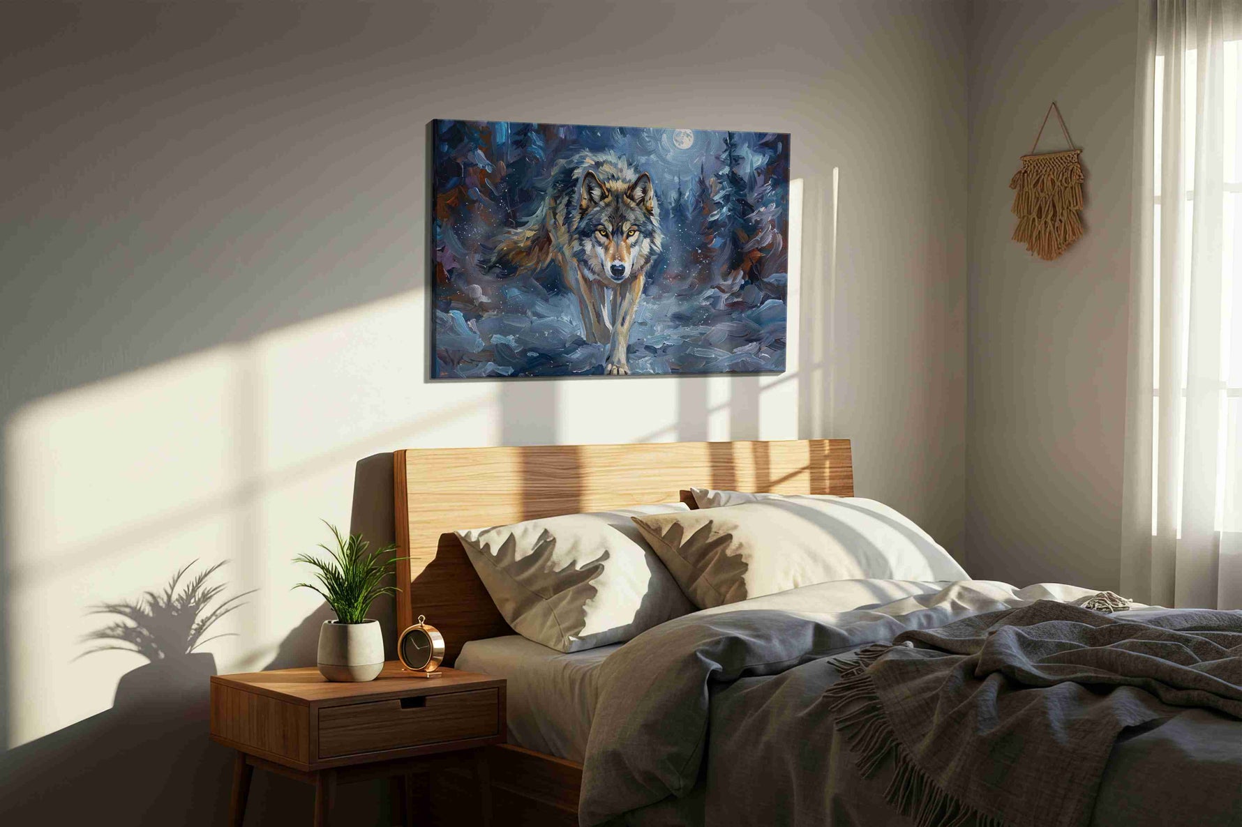 Lunar Stalker Moonlit Pursuit wolf canvas print, displayed in a bedroom