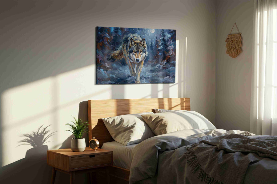Lunar Stalker Moonlit Pursuit wolf canvas print, displayed in a bedroom