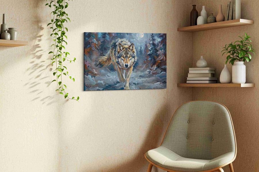 Lunar Stalker Moonlit Pursuit wolf canvas print, hanging on wall