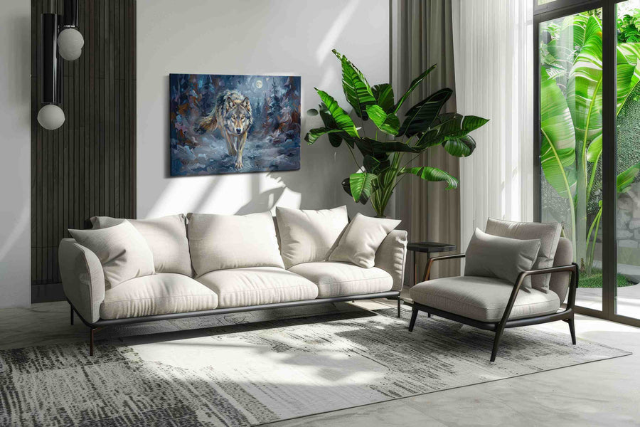 Lunar Stalker Moonlit Pursuit wolf canvas print in a hung canvas mockup