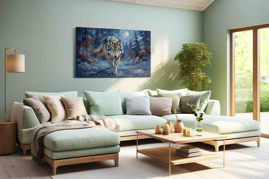 Lunar Stalker Moonlit Pursuit (Wolf) - Wolf Wall Art, Wildlife Canvas Print, Nature Predator Art shown in a wall scene