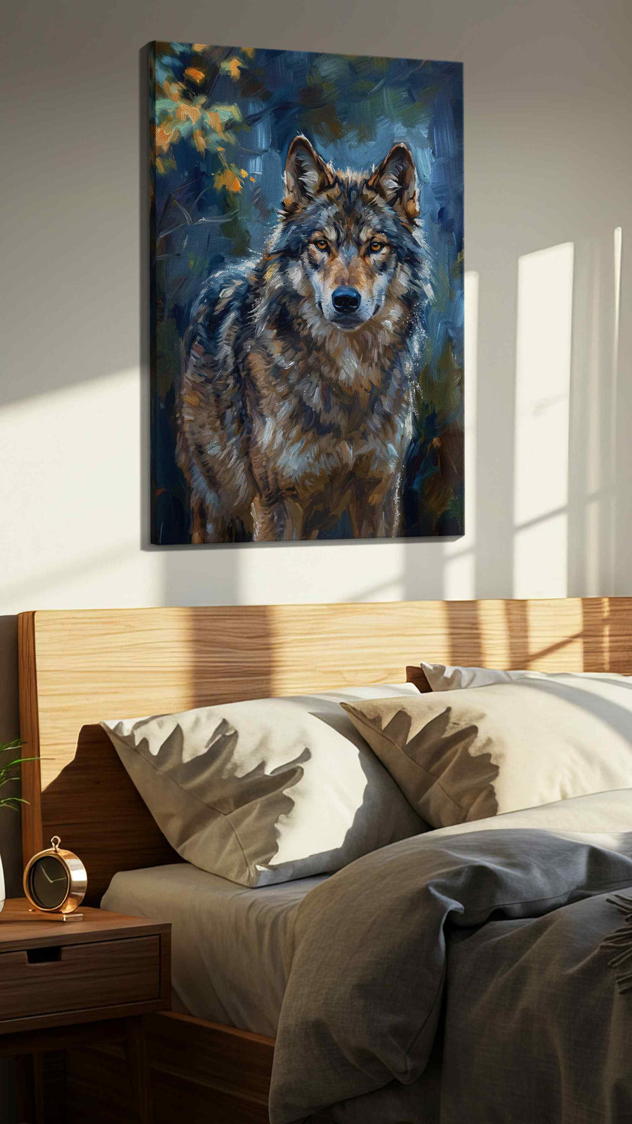 Majestic Guardian of the Wild wolf canvas print, displayed in a bedroom