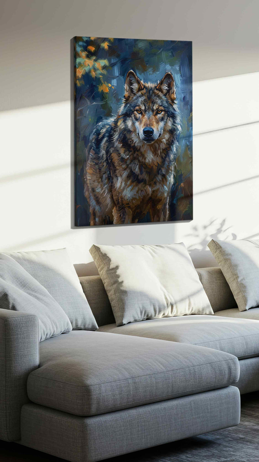 Majestic Guardian of the Wild wolf canvas print, displayed in a living room