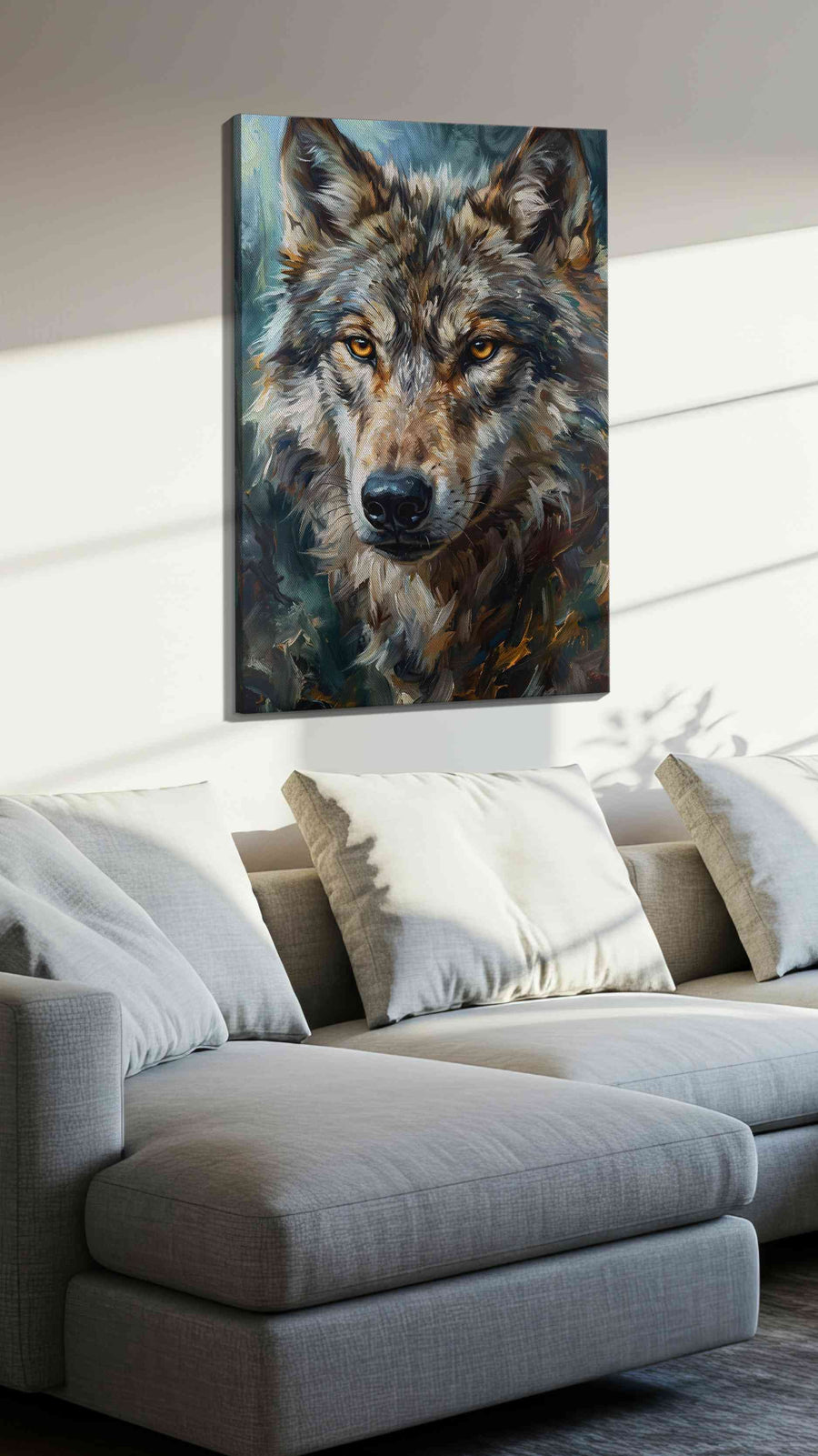 Majesty of the Wild wolf canvas print, displayed in a living room