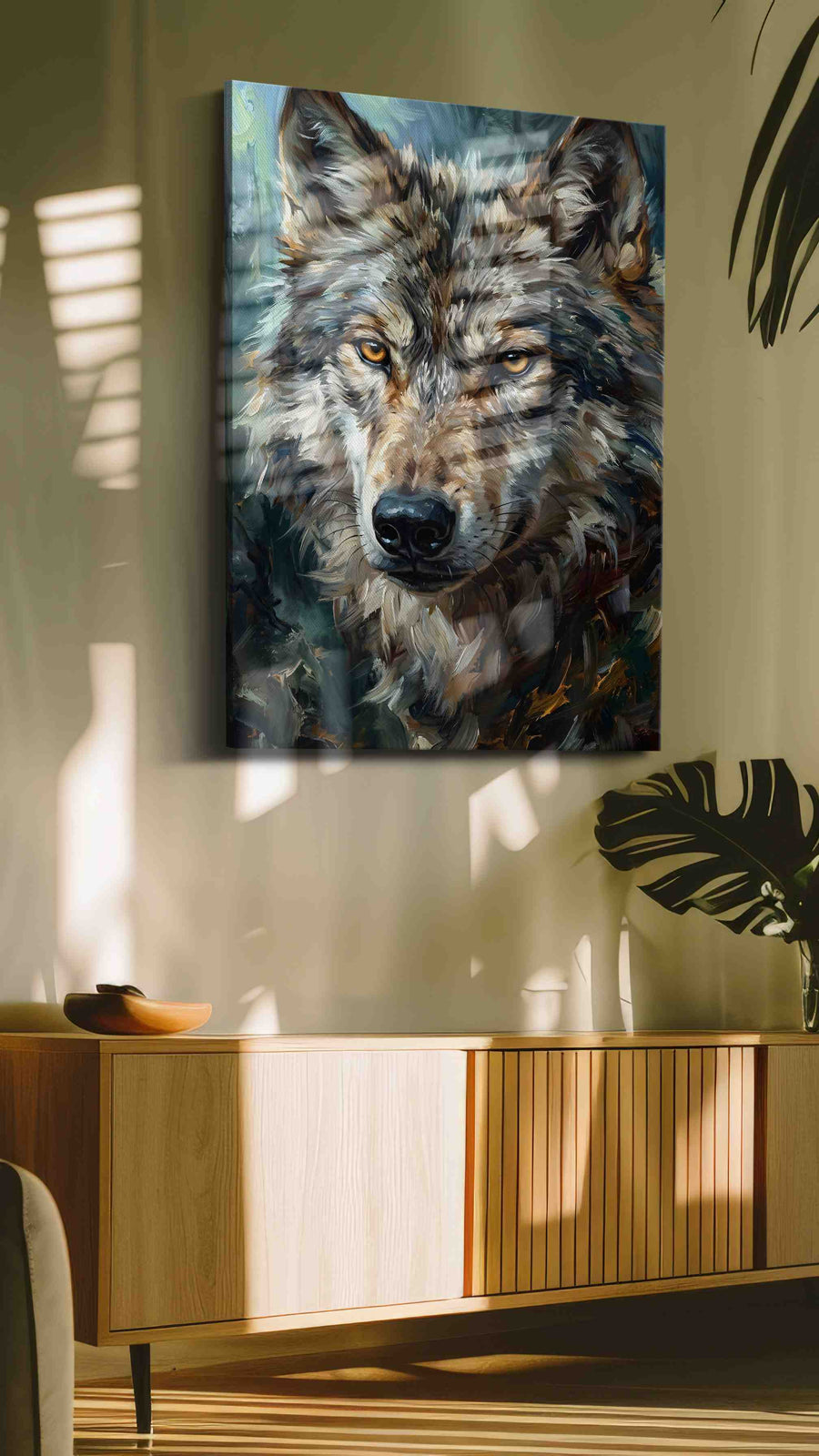 Majesty of the Wild wolf canvas print in a contemporary interior mockup