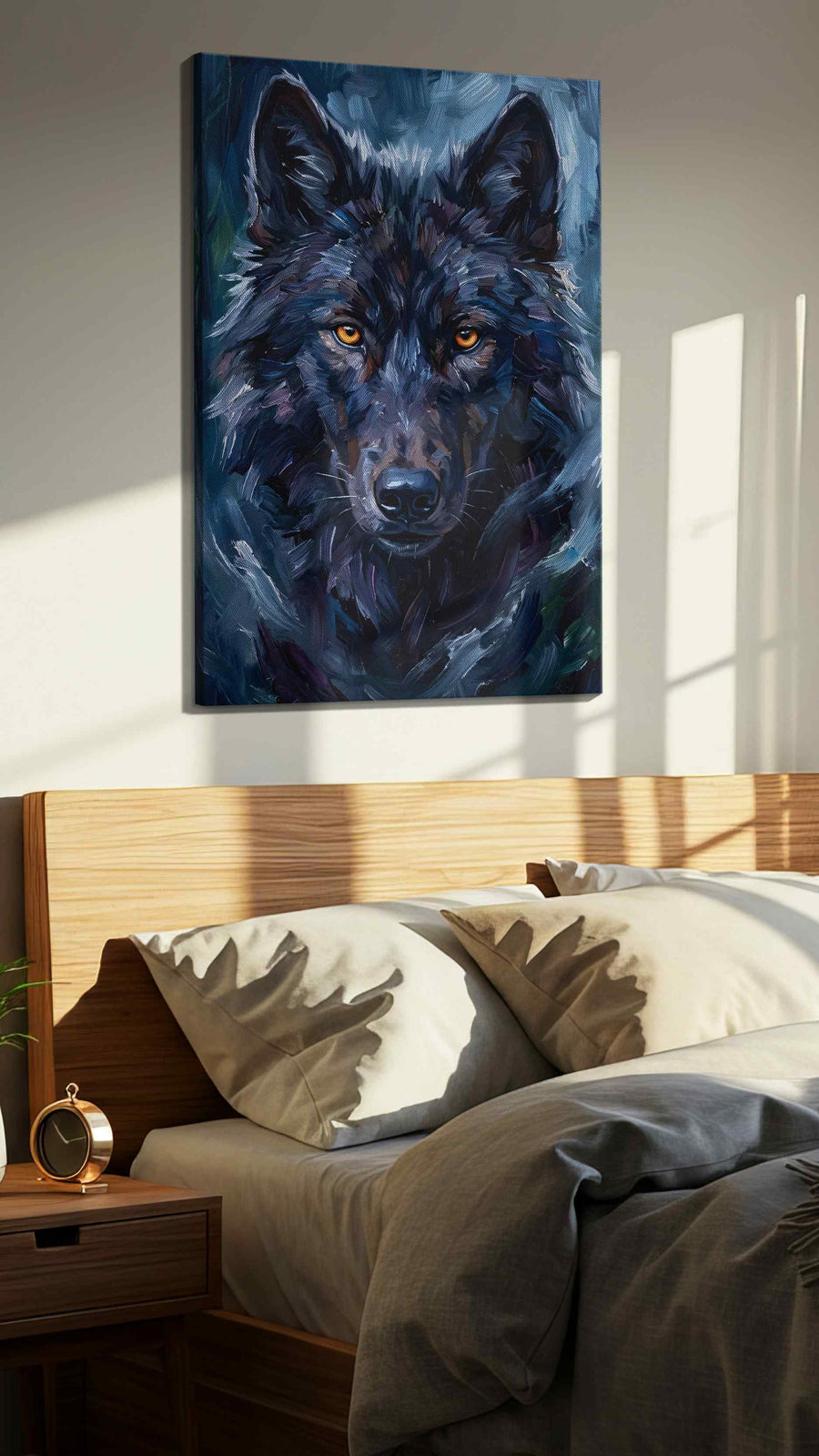Midnight Gaze of the Wolf (Wolf) - Wolf Wall Art, Wildlife Canvas Print, Nature Predator Art in a bedroom scene