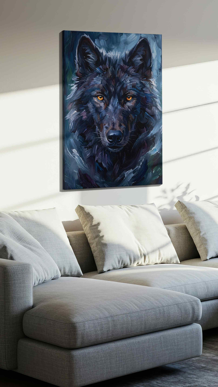 Midnight Gaze of the Wolf wolf canvas print, displayed in a living room