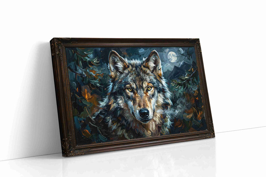 Midnight Sentinel wolf canvas print, gallery-wrapped, ready to hang