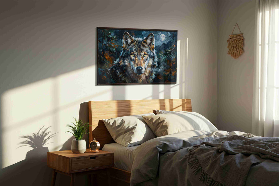 Midnight Sentinel wolf canvas print, displayed in a bedroom
