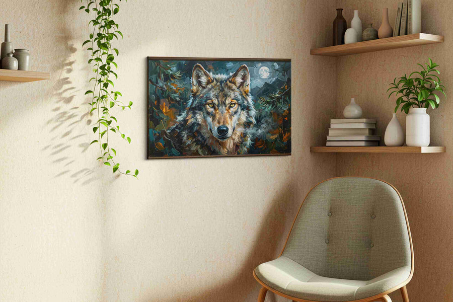 Midnight Sentinel wolf canvas print, displayed in a living room