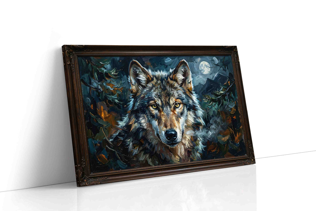 Midnight Sentinel wolf canvas print gallery-wrapped landscape canvas studio shot