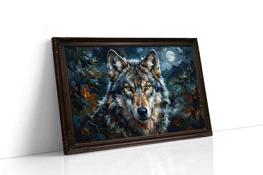 Midnight Sentinel wolf canvas print gallery-wrapped landscape canvas studio shot