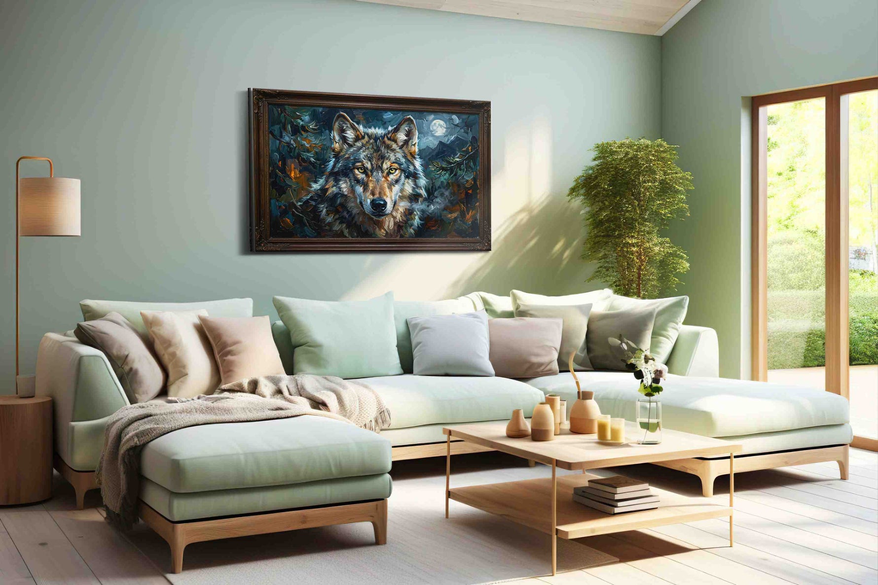 Midnight Sentinel wolf canvas print, hanging on wall