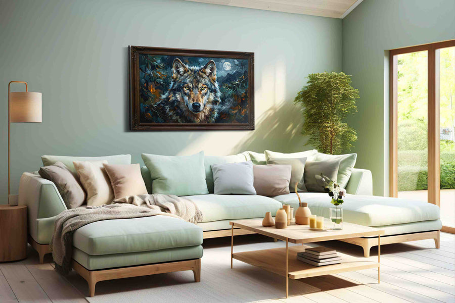 Midnight Sentinel wolf canvas print, hanging on wall