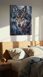 Moonlit Guardian wolf canvas print, displayed in a bedroom