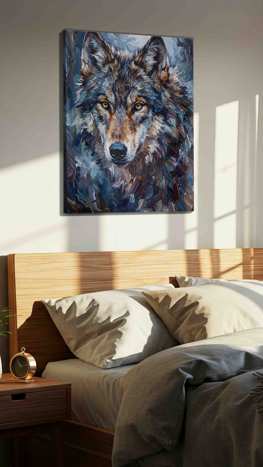 Moonlit Guardian wolf canvas print, displayed in a bedroom
