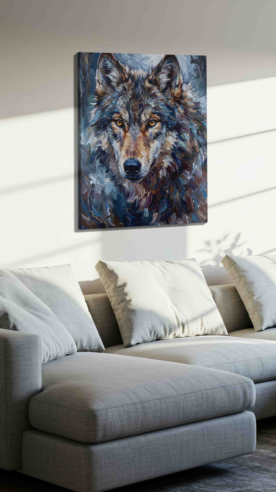 Moonlit Guardian (Wolf) - Wolf Wall Art, Wildlife Canvas Print, Nature Predator Art in a living room scene