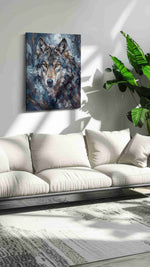 Moonlit Guardian wolf canvas print in a modern interior mockup